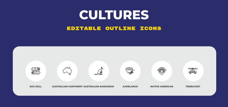outline cultures icons set - egg roll, australian continent, australian kangaroo. editable vector for web and mobile ui
