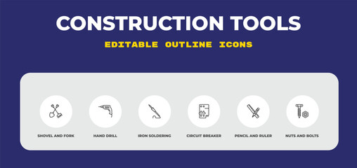 outline construction tools icons set - shovel and fork, hand drill, iron soldering. editable vector for web and mobile ui © IconArt