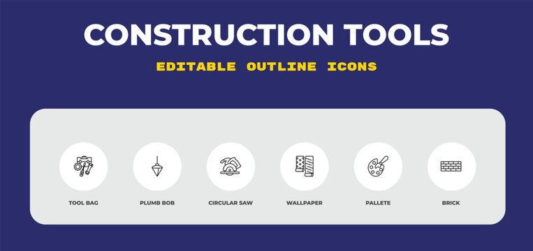 outline construction tools icons set - tool bag, plumb bob, circular saw. editable vector for web and mobile ui