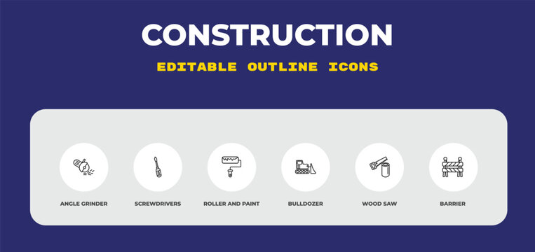 outline construction icons set - angle grinder, screwdrivers, roller and paint. editable vector for web and mobile ui