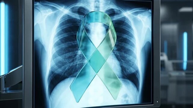 Lung cancer lung check diagnosis prevention awareness healthcare disease risk survival hope mortality shown on chest X ray screen with teal ribbon symbol in clinic for patient support and early care