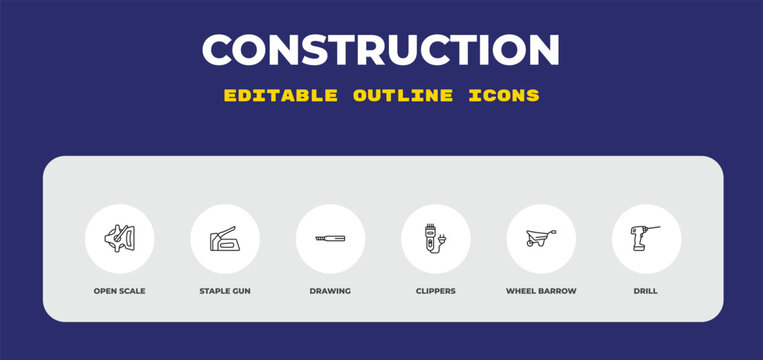 outline construction icons set - open scale, staple gun, drawing. editable vector for web and mobile ui