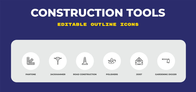 outline construction tools icons set - pantone, jackhammer, road construction. editable vector for web and mobile ui