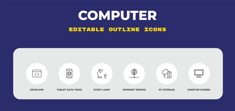 outline computer icons set - develope, tablet data tings, study lamp. editable vector for web and mobile ui