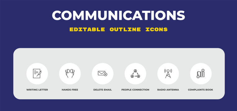 outline communications icons set - writing letter, hands free, delete email. editable vector for web and mobile ui