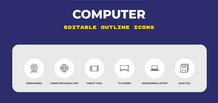 outline computer icons set - webcamera, computer micro chip, tablet tool. editable vector for web and mobile ui