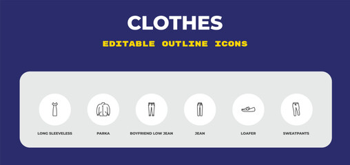 outline clothes icons set - long sleeveless dress, parka, boyfriend low jean. editable vector for web and mobile ui © IconArt