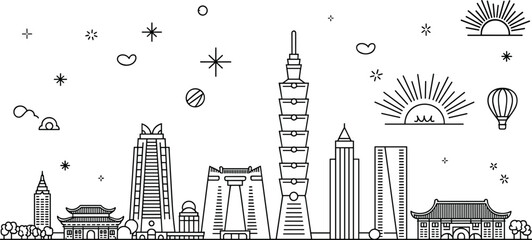 Obraz premium Taipei skyline line art illustration, famous Taiwan landmarks cityscape travel vector design