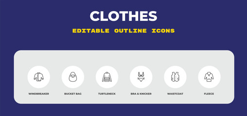 outline clothes icons set - windbreaker, bucket bag, turtleneck. editable vector for web and mobile ui © IconArt