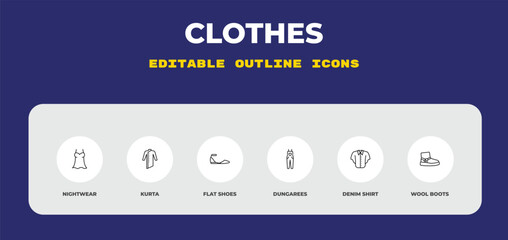 outline clothes icons set - nightwear, kurta, flat shoes. editable vector for web and mobile ui © IconArt