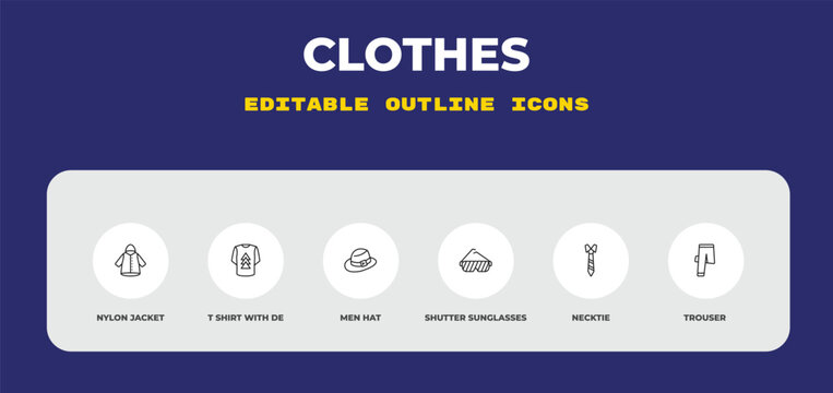 outline clothes icons set - nylon jacket, t shirt with de, men hat. editable vector for web and mobile ui