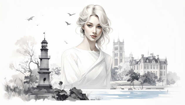 Woman with lighthouse and architecture