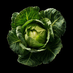 Obraz premium Whole green cabbage with vibrant outer leaves isolated on black background with clipping path.