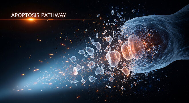 Apoptosis pathway process occurs within a cell undergoing programmed death in a laboratory environment viewed under a microscope.