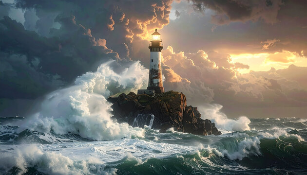 Dramatic lighthouse on rocky island amidst stormy ocean waves at sunset