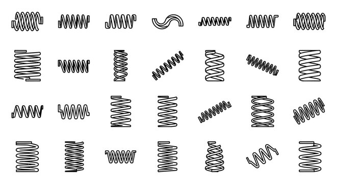 collection of various black line drawings of springs wire springs coil springs and suspension springs isolated on white background