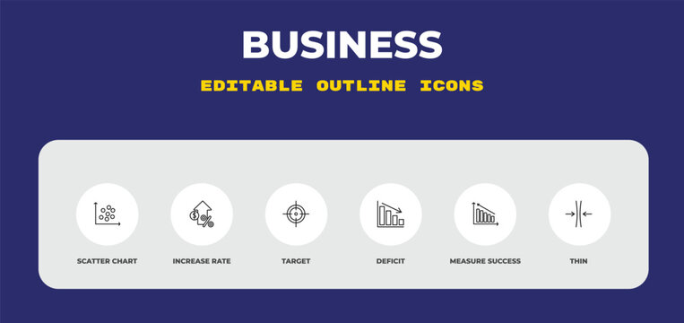 outline business icons set - scatter chart, increase rate, target. editable vector for web and mobile ui