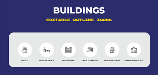 outline buildings icons set - pagoda, charles bridge, uno building. editable vector for web and mobile ui © IconArt