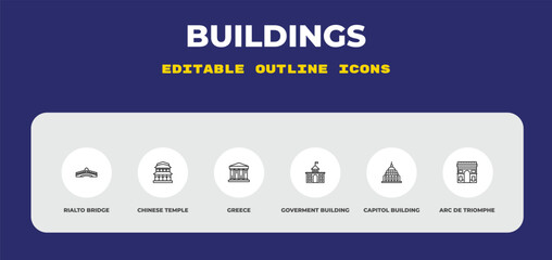 Obraz premium outline buildings icons set - rialto bridge, chinese temple, greece. editable vector for web and mobile ui