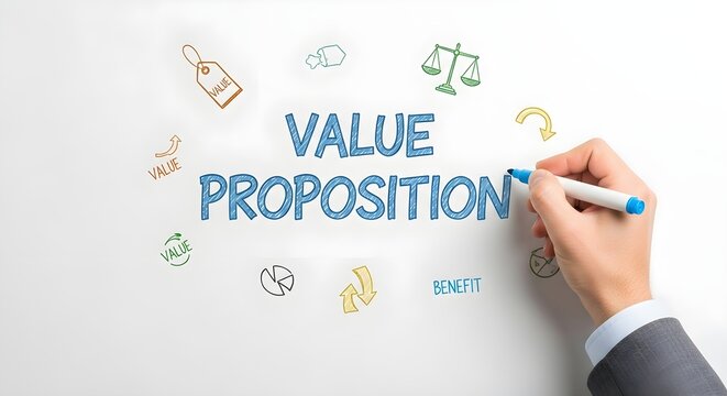 Businessman writing value proposition with blue marker on white board surrounded by various business concept icons and symbols