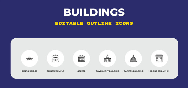 outline buildings icons set - rialto bridge, chinese temple, greece. editable vector for web and mobile ui