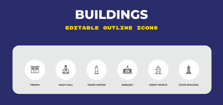 outline buildings icons set - prison, moot hall, trade center. editable vector for web and mobile ui
