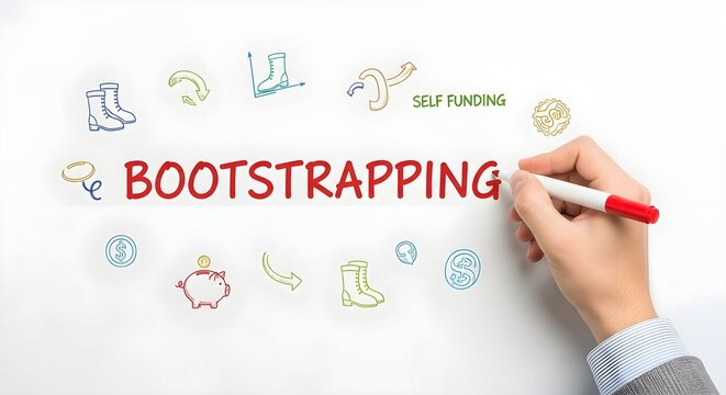 Hand writing the word Bootstrapping with small icons representing finance and growth on a clean white background
