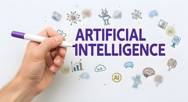 Hand holding a marker pen writing the words Artificial Intelligence surrounded by icons representing technology and learning concepts