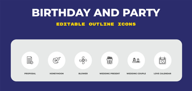 outline birthday and party icons set - proposal, honeymoon, blower. editable vector for web and mobile ui