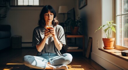 Girl sitting on floor drinking iced coffee, sunlight through window, casual home outfit, relaxed mood, authentic lifestyle photography, minimal composition”