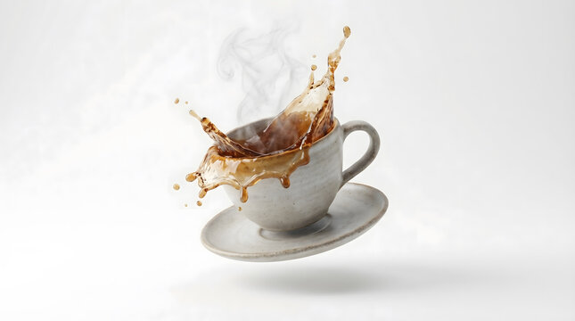 Dynamic Splash of Hot Coffee in a Floating Ceramic Cup and Saucer Isolated on White Background, Minimalist Food and Drink Levitation Concept