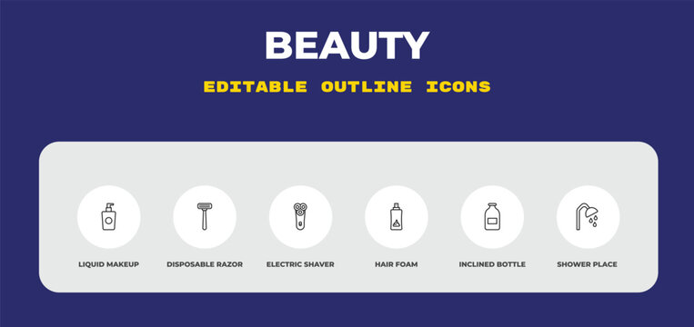 outline beauty icons set - liquid makeup, disposable razor, electric shaver. editable vector for web and mobile ui