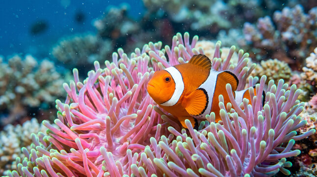 Clown fish or anemone fish hiding in bright fluorescent sea anemone (actinia). Nemo fish in colorful underwater environment.
