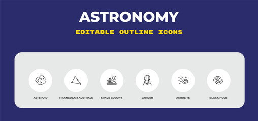 outline astronomy icons set - asteroid, triangulam australe, space colony. editable vector for web and mobile ui © IconArt