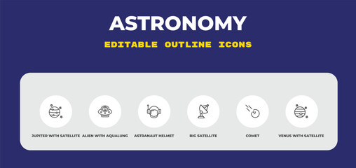 outline astronomy icons set - jupiter with satellite, alien with aqualung, astranaut helmet. editable vector for web and mobile ui © IconArt
