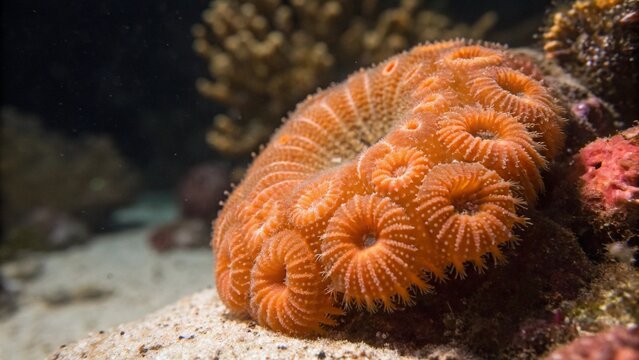 Close up of an orange doughnut coral stands its ground undersea at night.
