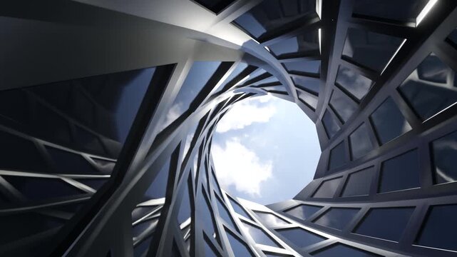 Architectural Tower Interior Spiral Glass Structure with Sky Light and Modern Geometric Facade, Spiral Building Facade with Glass Pattern and Sky