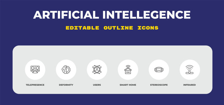 outline artificial intellegence icons set - telepresence, deformity, users. editable vector for web and mobile ui