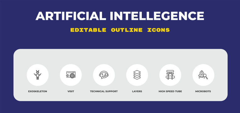 outline artificial intellegence icons set - exoskeleton, visit, technical support. editable vector for web and mobile ui