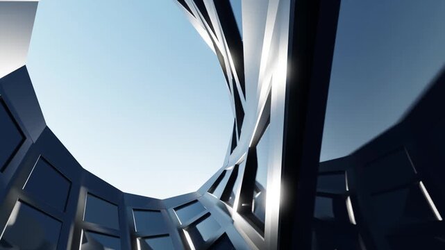 Abstract architecture geometric structure curved surface metallic panel reflective surface modern design blue sky interior view futuristic building