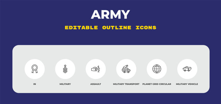 outline army icons set - in, military, assault. editable vector for web and mobile ui