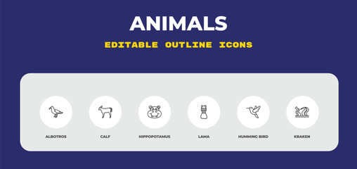 outline animals icons set - albotros, calf, hippopotamus. editable vector for web and mobile ui © IconArt