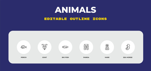 outline animals icons set - perch, goat, big fish. editable vector for web and mobile ui © IconArt
