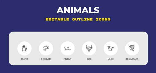 outline animals icons set - beaver, chameleon, polecat. editable vector for web and mobile ui © IconArt