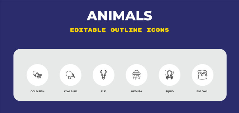 outline animals icons set - gold fish, kiwi bird, elk. editable vector for web and mobile ui