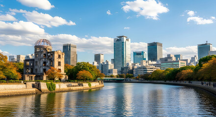 Obraz premium Cityscape of hiroshima with river and modern skyscrapers near historic building