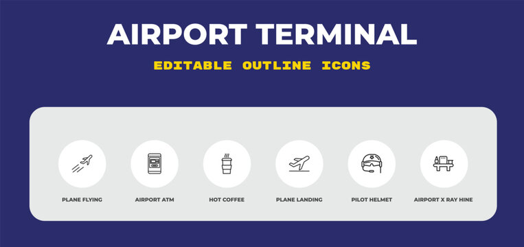 outline airport terminal icons set - plane flying, airport atm, hot coffee. editable vector for web and mobile ui