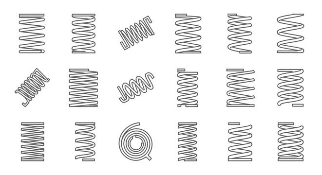 collection of various spring coil icons for engineering technology and industrial design illustrating mechanical parts and elasticity concepts.