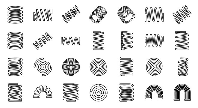 spring coil line art icons set illustrating mechanical engineering and elasticity concepts ideal for industrial design resources
