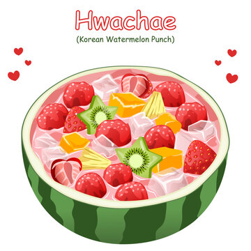 Subak Hwachae Korean Watermelon Punch Illustration with Fresh Fruits Strawberries Kiwi and Ice Cubes in Melon Bowl Bowl for Summer Refreshment